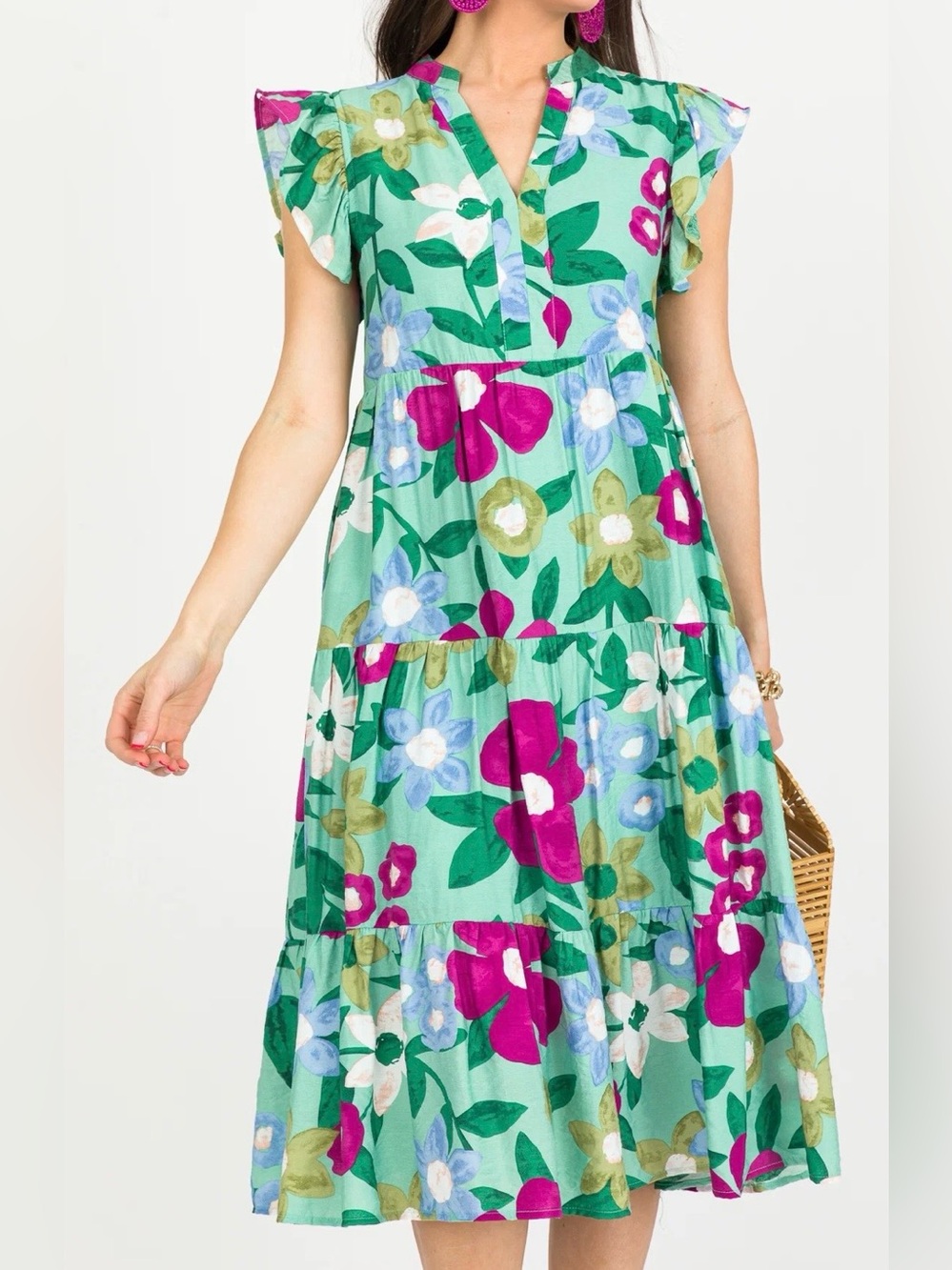entro Mint Floral Flutter-Sleeve Tiered Midi Dress